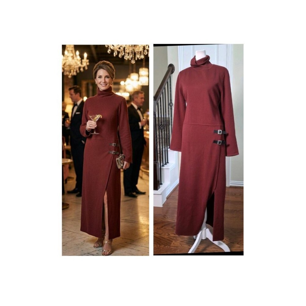 VTG Nina Leonard Turtleneck Sweater Dress Plum M Slit Buckle Prepppy Academia